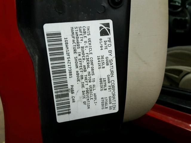 1G8AM12F54Z173881 - 2004 SATURN ION LEVEL RED photo 10