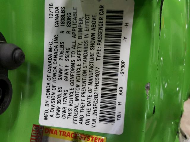 2HGFC3B31HH354077 - 2017 HONDA CIVIC EX 绿色 照片 10