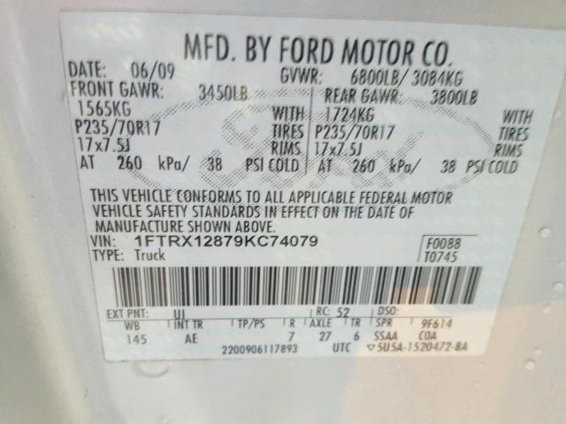 1FTRX12879KC74079 - 2009 FORD F150 SUPER SILVER photo 10