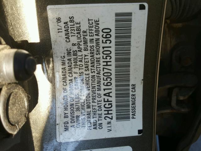 2HGFA16507H501560 - 2007 HONDA CIVIC LX GRAY photo 10