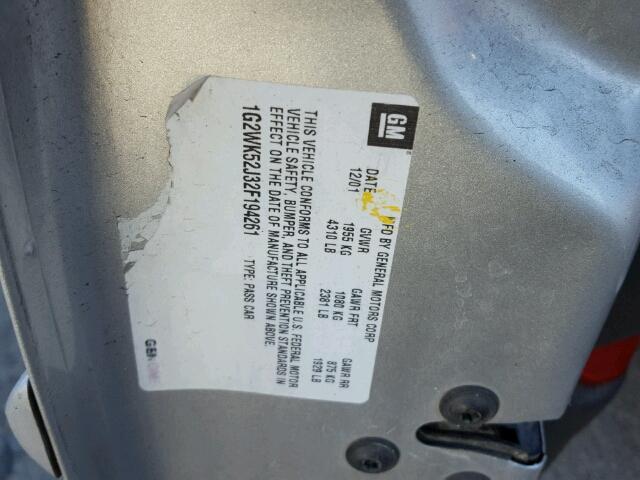 1G2WK52J32F194261 - 2002 PONTIAC GRAND PRIX GRAY photo 10