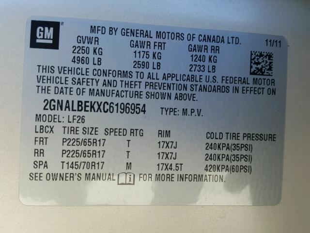 2GNALBEKXC6196954 - 2012 CHEVROLET EQUINOX LS TAN photo 10