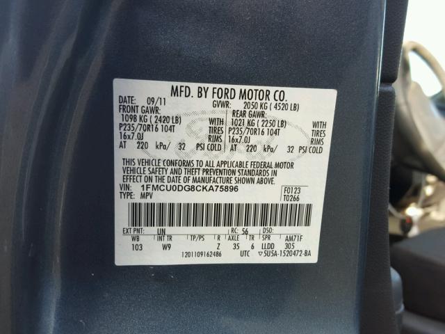 1FMCU0DG8CKA75896 - 2012 FORD ESCAPE XLT BLUE photo 10