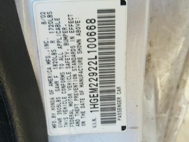 1HGEM22922L100668 - 2002 HONDA CIVIC EX SILVER photo 10