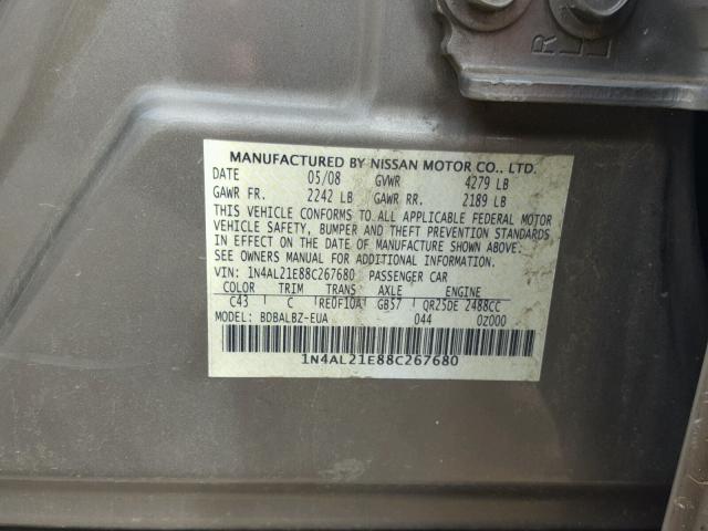 1N4AL21E88C267680 - 2008 NISSAN ALTIMA 2.5 BEIGE photo 10