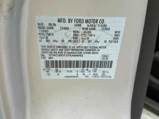 1FMCU93137KA84092 - 2007 FORD ESCAPE XLT SILVER photo 10