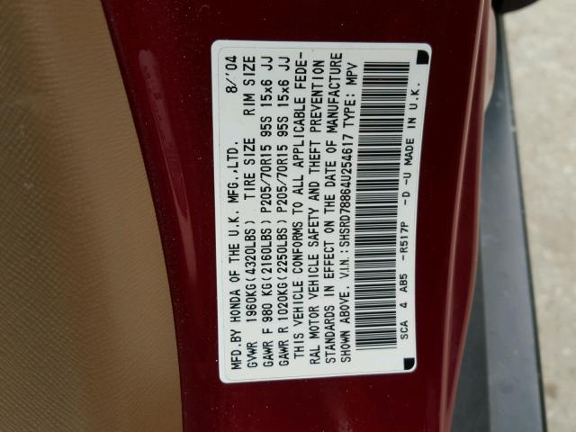 SHSRD78864U254617 - 2004 HONDA CR-V EX RED photo 10