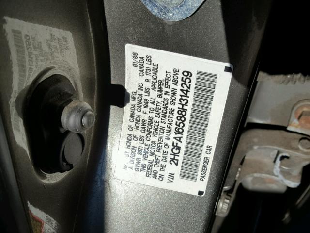 2HGFA16588H314259 - 2008 HONDA CIVIC LX GRAY photo 10