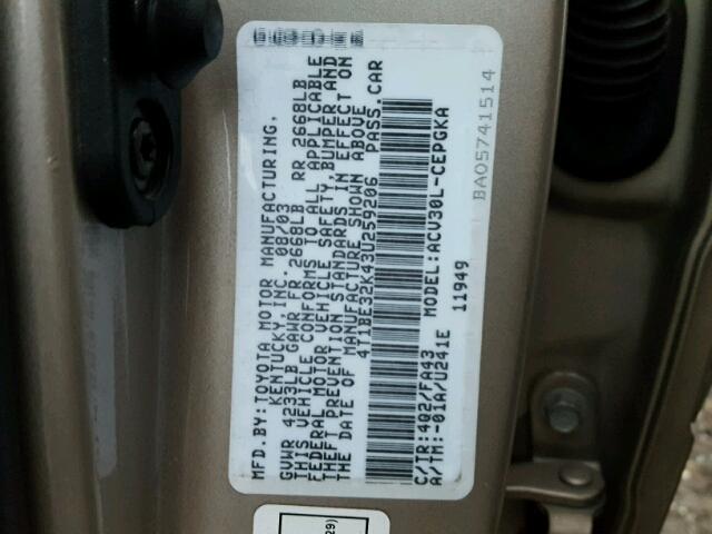 4T1BE32K43U259206 - 2003 TOYOTA CAMRY LE BEIGE photo 10