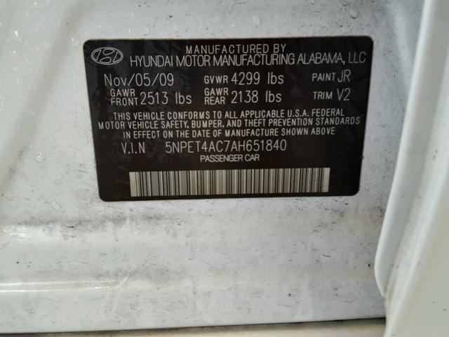 5NPET4AC7AH651840 - 2010 HYUNDAI SONATA GLS WHITE photo 10