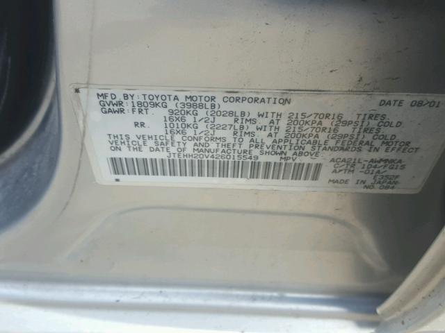 JTEHH20V426015549 - 2002 TOYOTA RAV4 GRAY photo 10