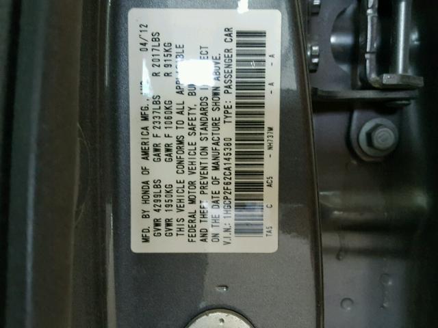 1HGCP2F62CA145380 - 2012 HONDA ACCORD SE GRAY photo 10