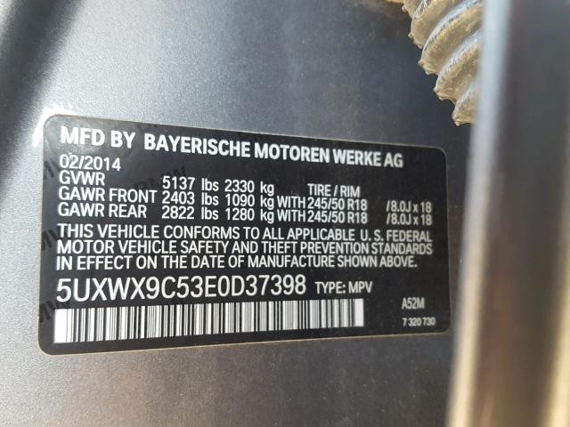 5UXWX9C53E0D37398 - 2014 BMW X3 XDRIVE2 GRAY photo 10