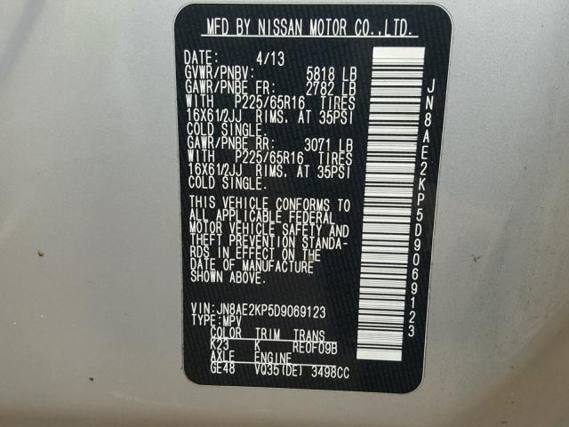 JN8AE2KP5D9069123 - 2013 NISSAN QUEST S SILVER photo 10