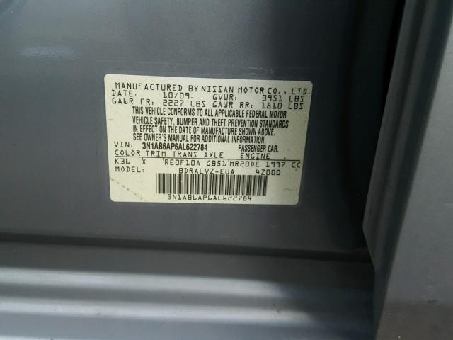 3N1AB6AP6AL622784 - 2010 NISSAN SENTRA 2.0 GRAY photo 10