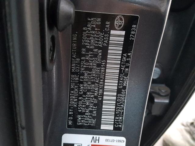 4T1BK1EB4JU288145 - 2018 TOYOTA AVALON XLE GRAY photo 10