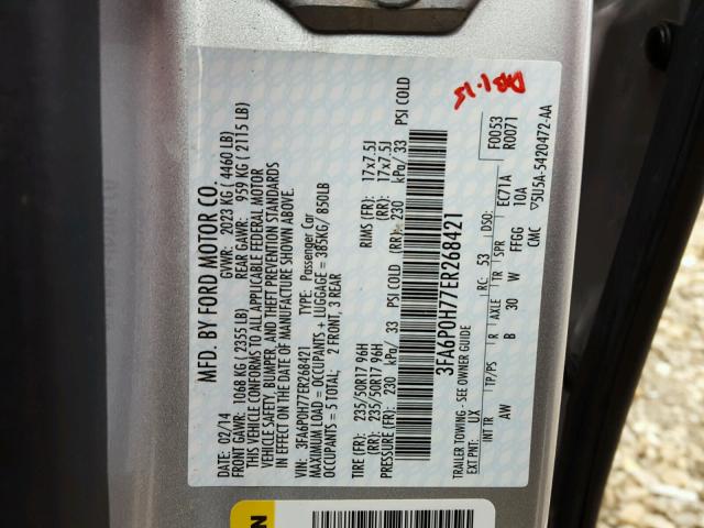 3FA6P0H77ER268421 - 2014 FORD FUSION SE SILVER photo 10