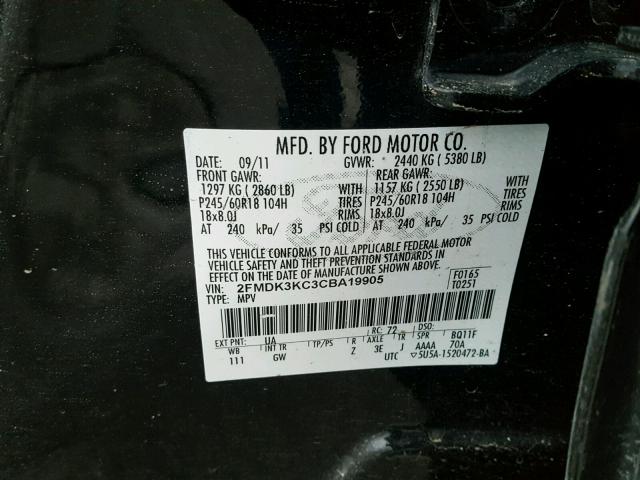 2FMDK3KC3CBA19905 - 2012 FORD EDGE LIMIT BLACK photo 10