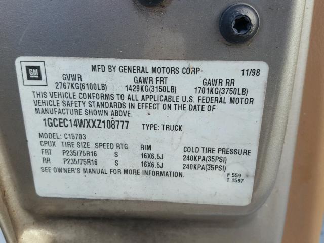 1GCEC14WXXZ108777 - 1999 CHEVROLET SILVERADO TAN photo 10