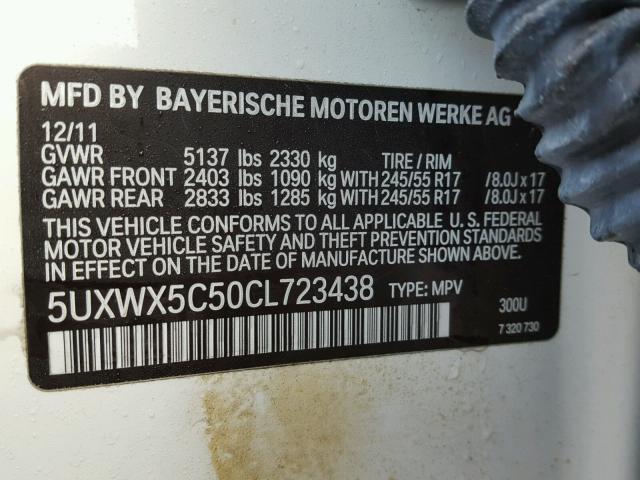 5UXWX5C50CL723438 - 2012 BMW X3 XDRIVE2 WHITE photo 10