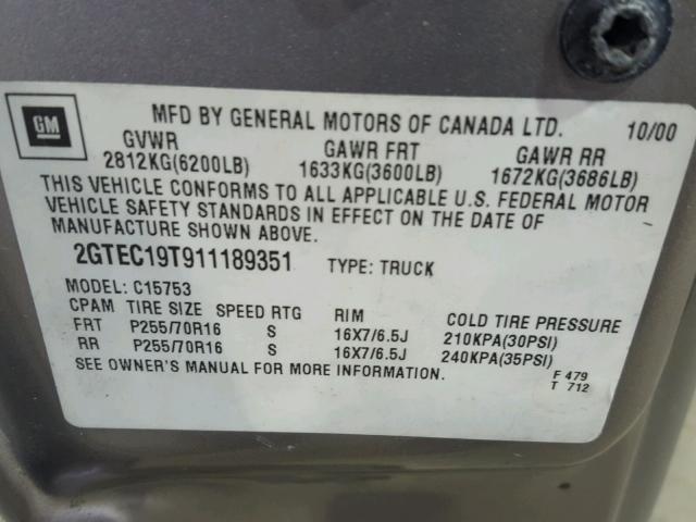 2GTEC19T911189351 - 2001 GMC NEW SIERRA SILVER photo 10