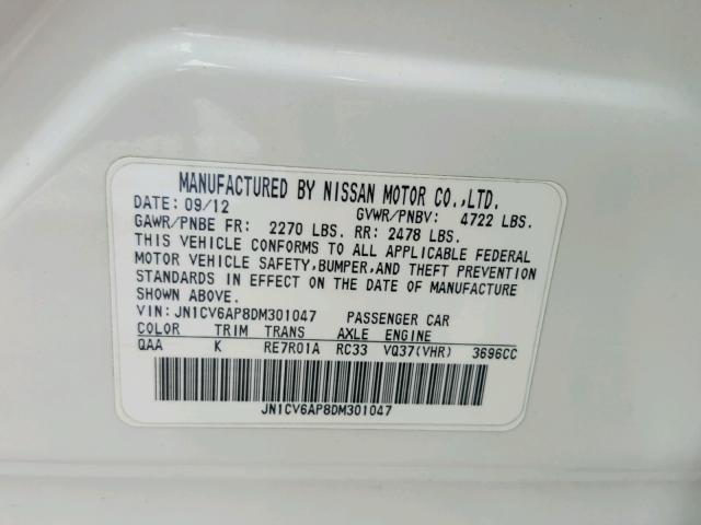 JN1CV6AP8DM301047 - 2013 INFINITI G37 BASE WHITE photo 10