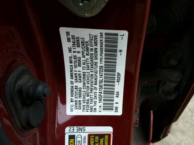 1HGFA15876L147226 - 2006 HONDA CIVIC EX 红色 照片 10