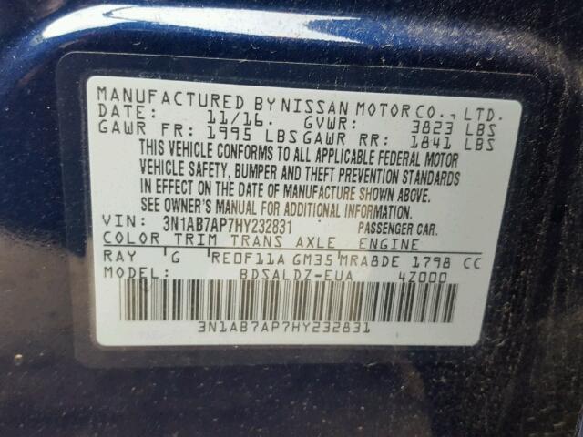 3N1AB7AP7HY232831 - 2017 NISSAN SENTRA S BLUE photo 10