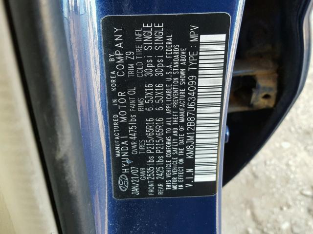 KM8JM12B87U634099 - 2007 HYUNDAI TUCSON GLS BLUE photo 10