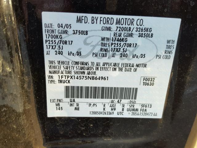 1FTPX14575NB64961 - 2005 FORD F150 BLACK photo 10