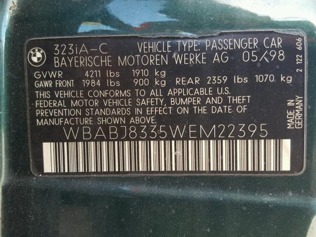 WBABJ8335WEM22395 - 1998 BMW 323 IC AUT GREEN photo 10