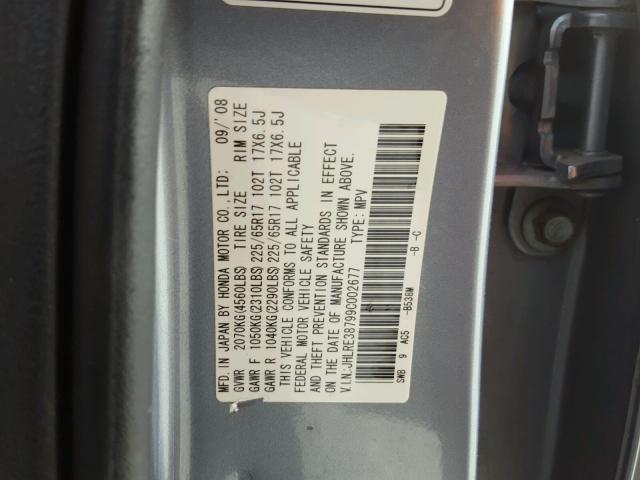 JHLRE38799C002677 - 2009 HONDA CR-V EXL BLUE photo 10