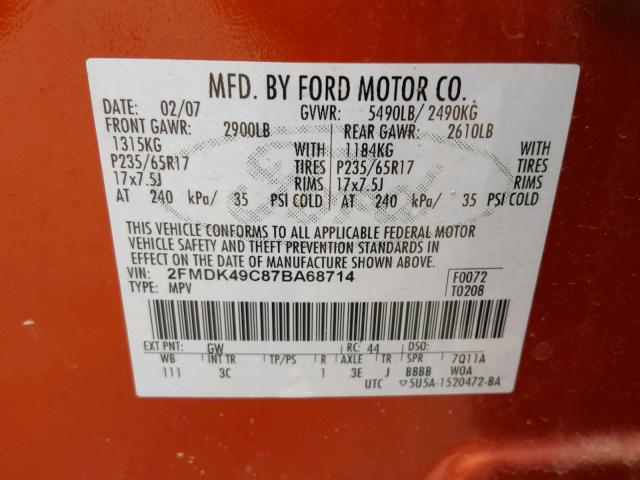 2FMDK49C87BA68714 - 2007 FORD EDGE SEL P ORANGE photo 10