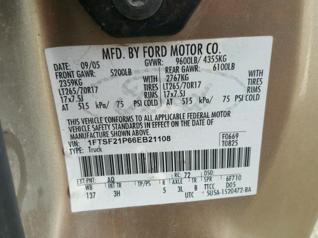 1FTSF21P66EB21108 - 2006 FORD F250 SUPER TAN photo 10