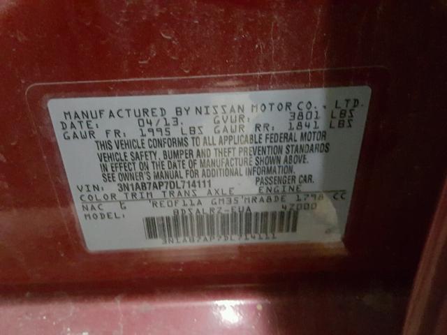 3N1AB7AP7DL714111 - 2013 NISSAN SENTRA S MAROON photo 10