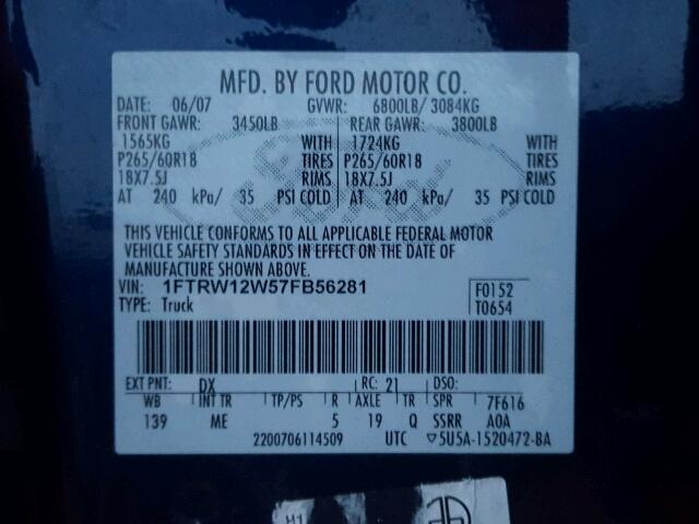 1FTRW12W57FB56281 - 2007 FORD F150 SUPER BLUE photo 10