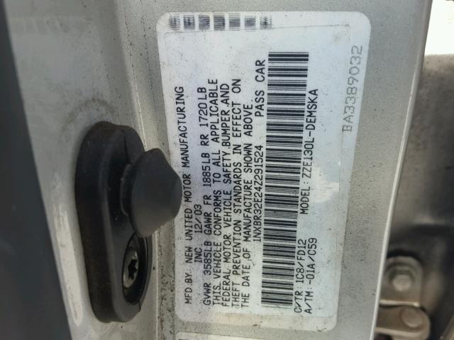 1NXBR32E24Z291524 - 2004 TOYOTA COROLLA CE SILVER photo 10