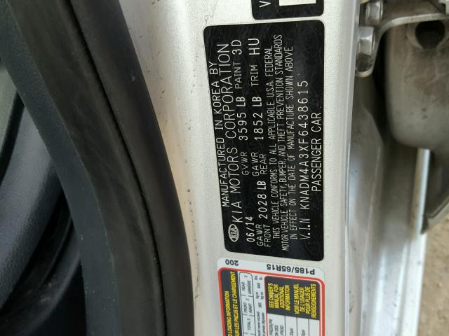 KNADM4A3XF6438615 - 2015 KIA RIO LX Արծաթագույն լուսանկար 10