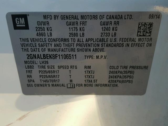 2GNALBEK8F1106511 - 2015 CHEVROLET EQUINOX LT WHITE photo 10