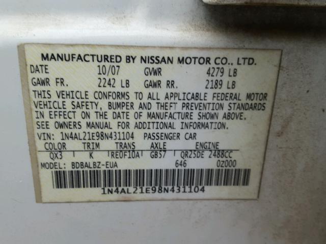 1N4AL21E98N431104 - 2008 NISSAN ALTIMA 2.5 WHITE photo 10