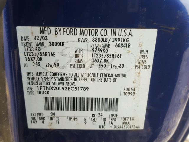 1FTNX20L93EC51789 - 2003 FORD F250 SUPER BLUE photo 10