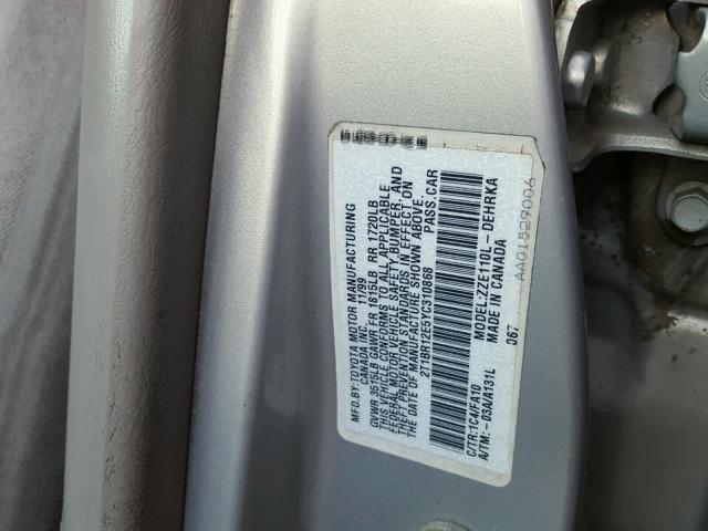 2T1BR12E5YC310868 - 2000 TOYOTA COROLLA VE GRAY photo 10