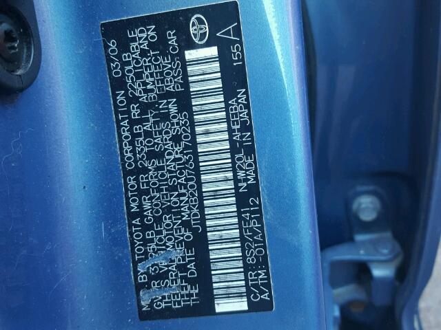 JTDKB20U763170235 - 2006 TOYOTA PRIUS BLUE photo 10