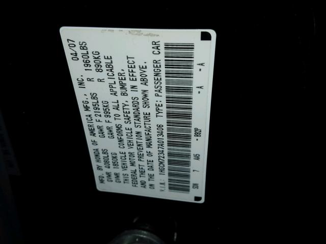 1HGCM72347A013406 - 2007 HONDA ACCORD LX BLACK photo 10