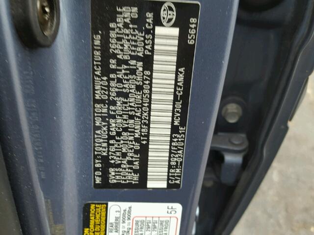 4T1BF32K04U580478 - 2004 TOYOTA CAMRY LE ლურჯი ფოტო 10