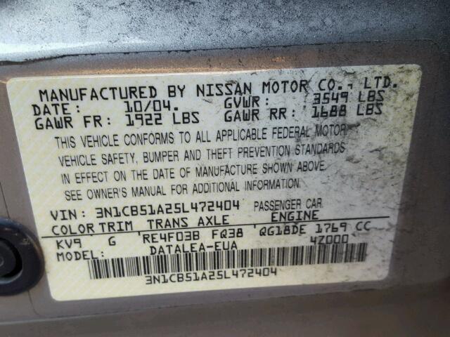 3N1CB51A25L472404 - 2005 NISSAN SENTRA 1.8 TAN photo 10