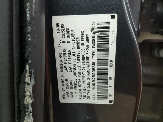 19UUA66276A005940 - 2006 ACURA 3.2TL GRAY photo 10