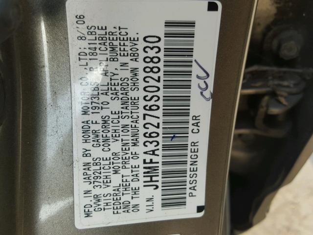 JHMFA36276S028830 - 2006 HONDA CIVIC HYBR SILVER photo 10