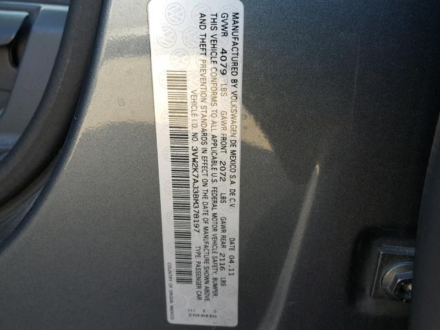 3VW2K7AJ3BM378197 - 2011 VOLKSWAGEN JETTA BASE GRAY photo 10
