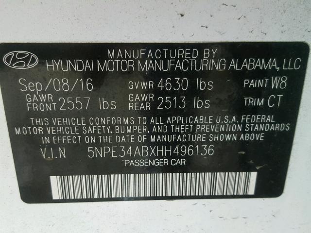 5NPE34ABXHH496136 - 2017 HYUNDAI SONATA SPO WHITE photo 10